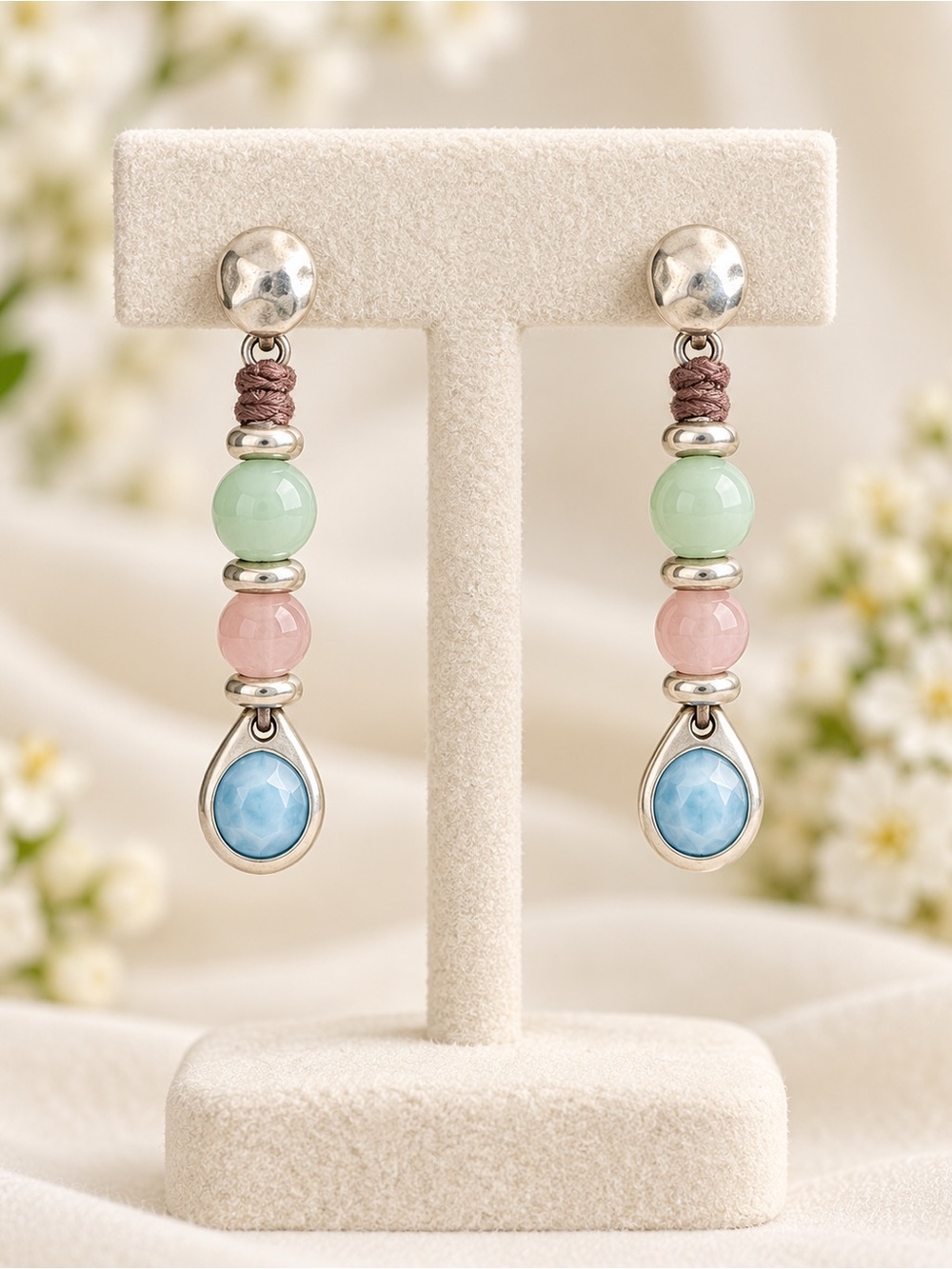 UNO de 50 Pastel Green Pink and Blue Beaded Drop Earrings